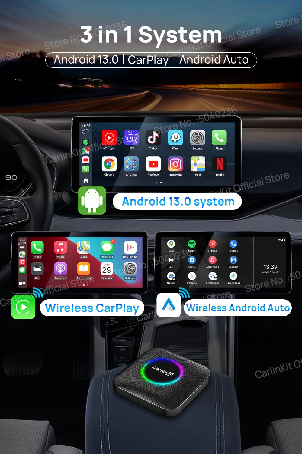 2025 CarlinKit 3 In 1 Android 13 Mini CarPlay Ai Box