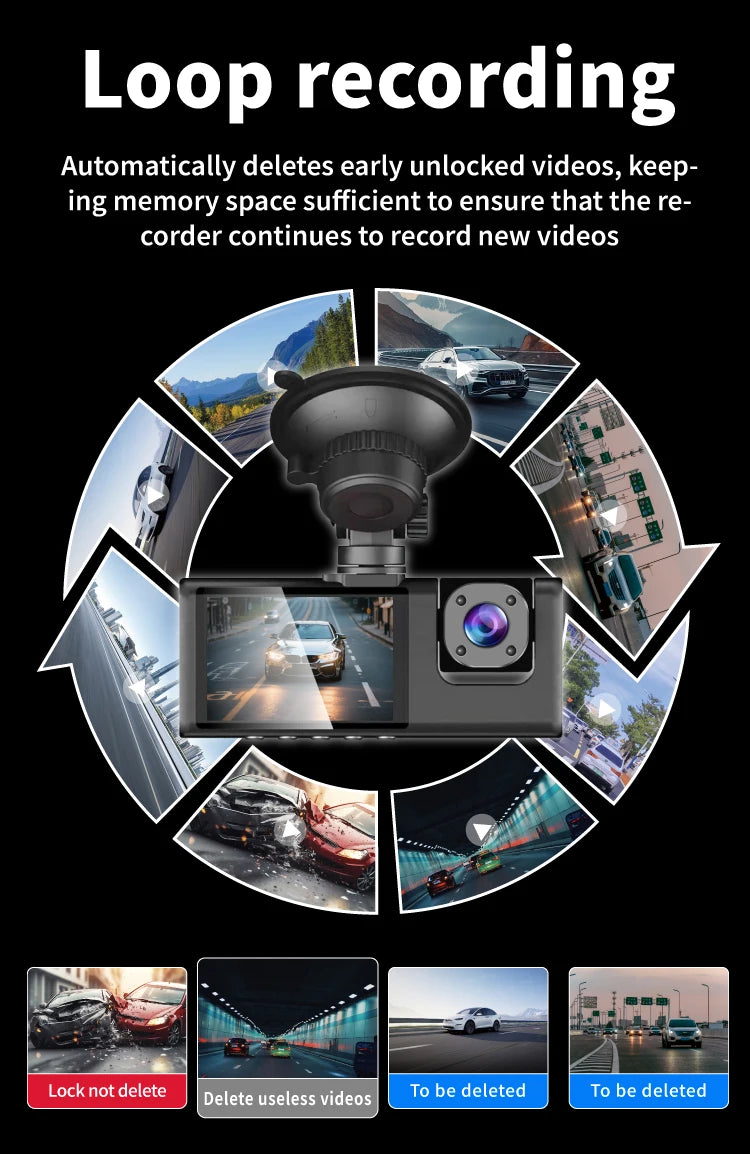 3 Channels Dash Camera For Cars HD 1080P Video