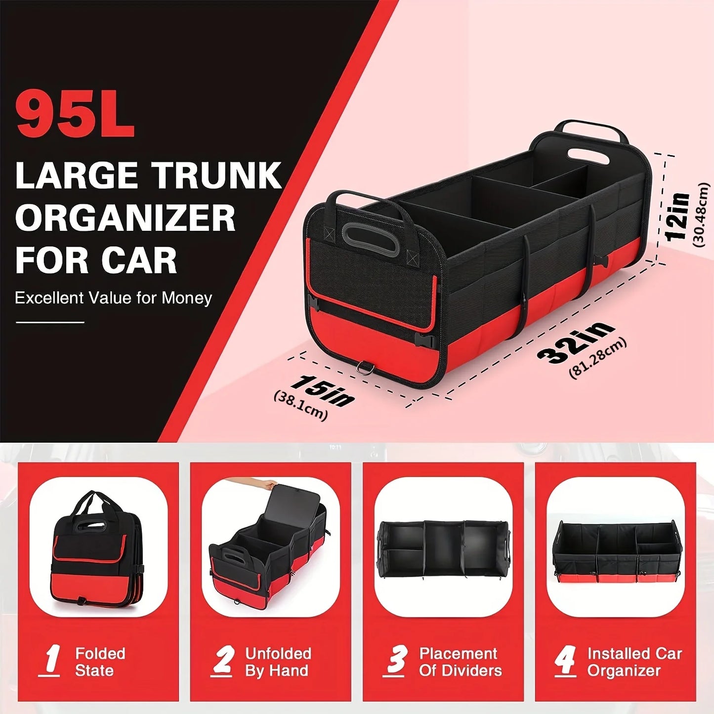 Large Trunk Organizer For Car, Collapsible