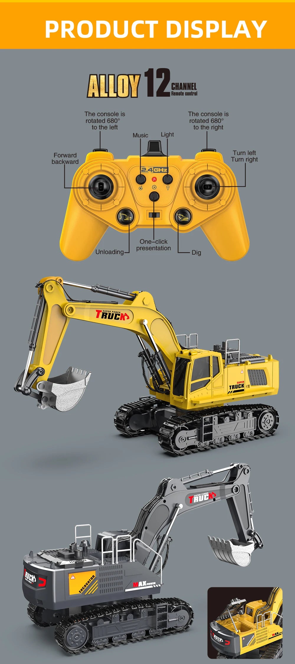 RC Spray Excavator Truck Simulation Sound Led
