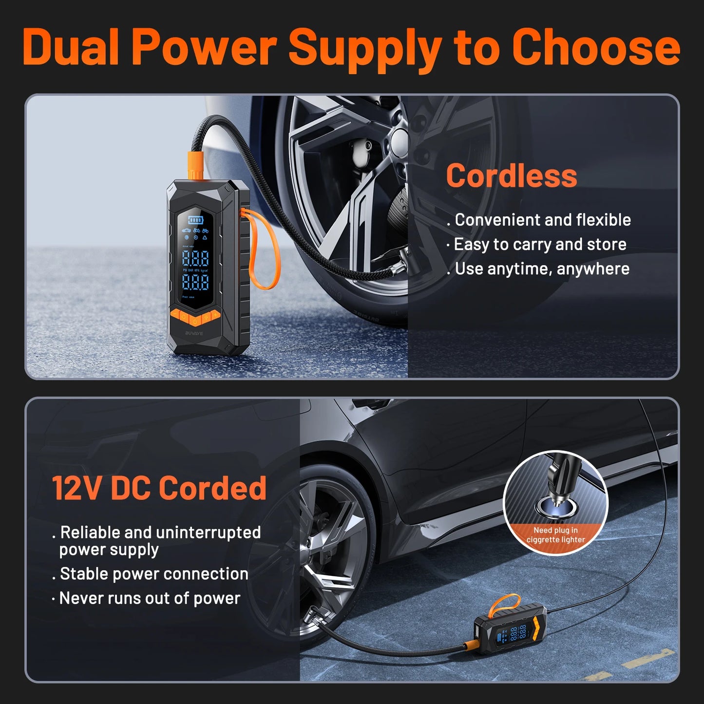 BUVAYE Wired/Wireless Air Pump Car Inflator