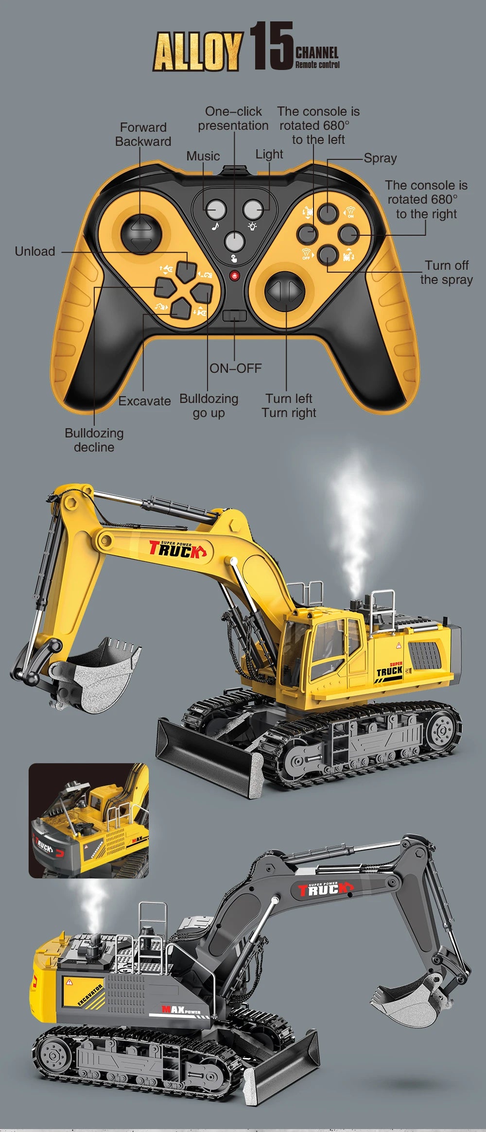 RC Spray Excavator Truck Simulation Sound Led