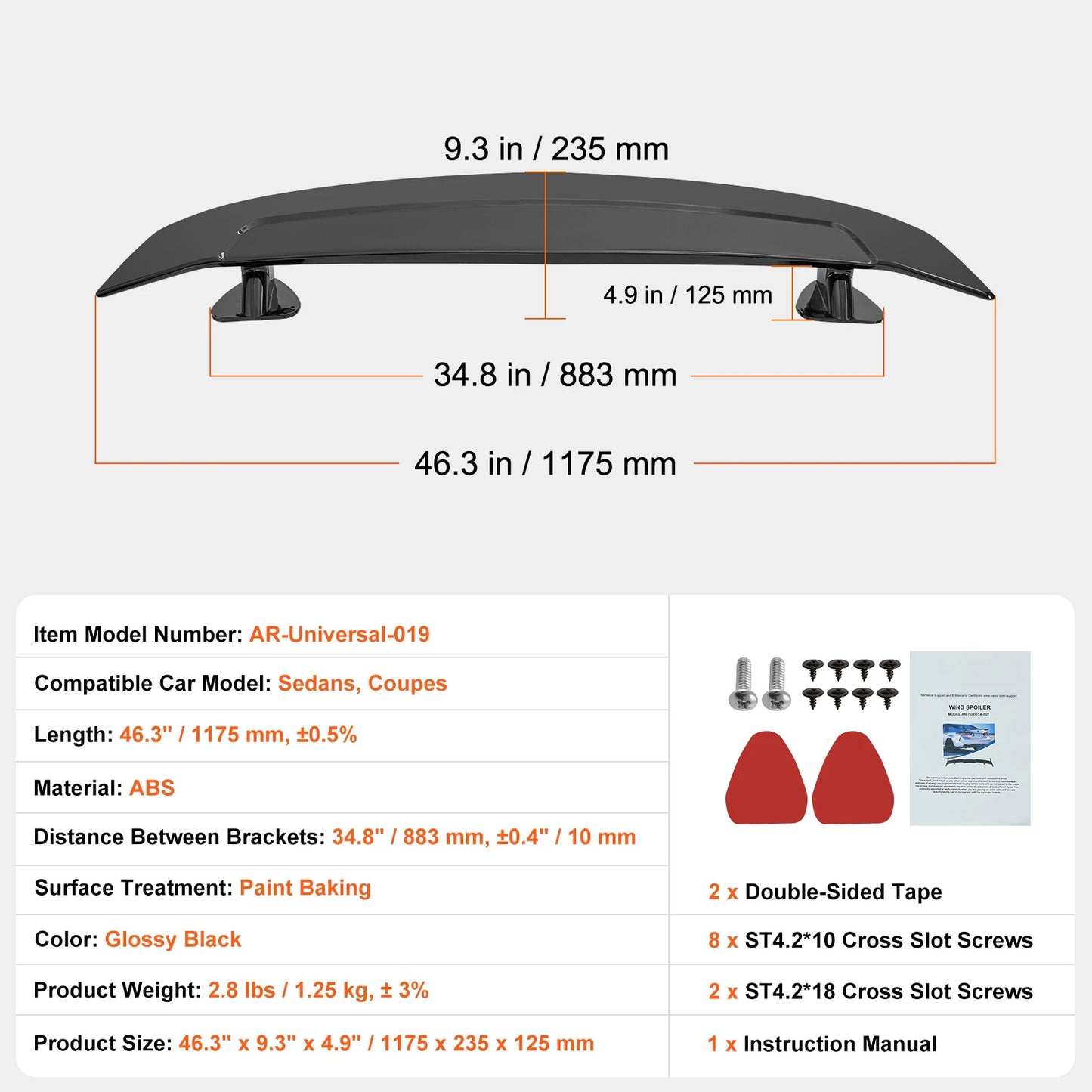 VEVOR GT Wing Car Spoiler 46.3 Universal Spoiler