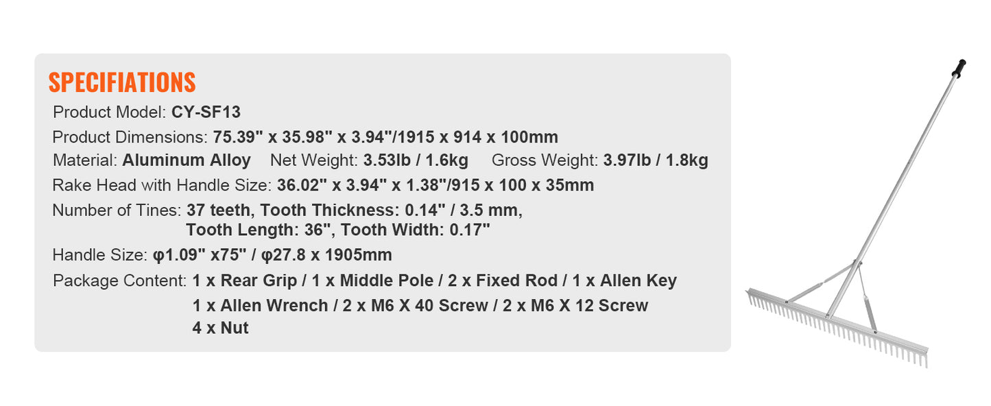 Landscape Rake 36" Head Aluminum