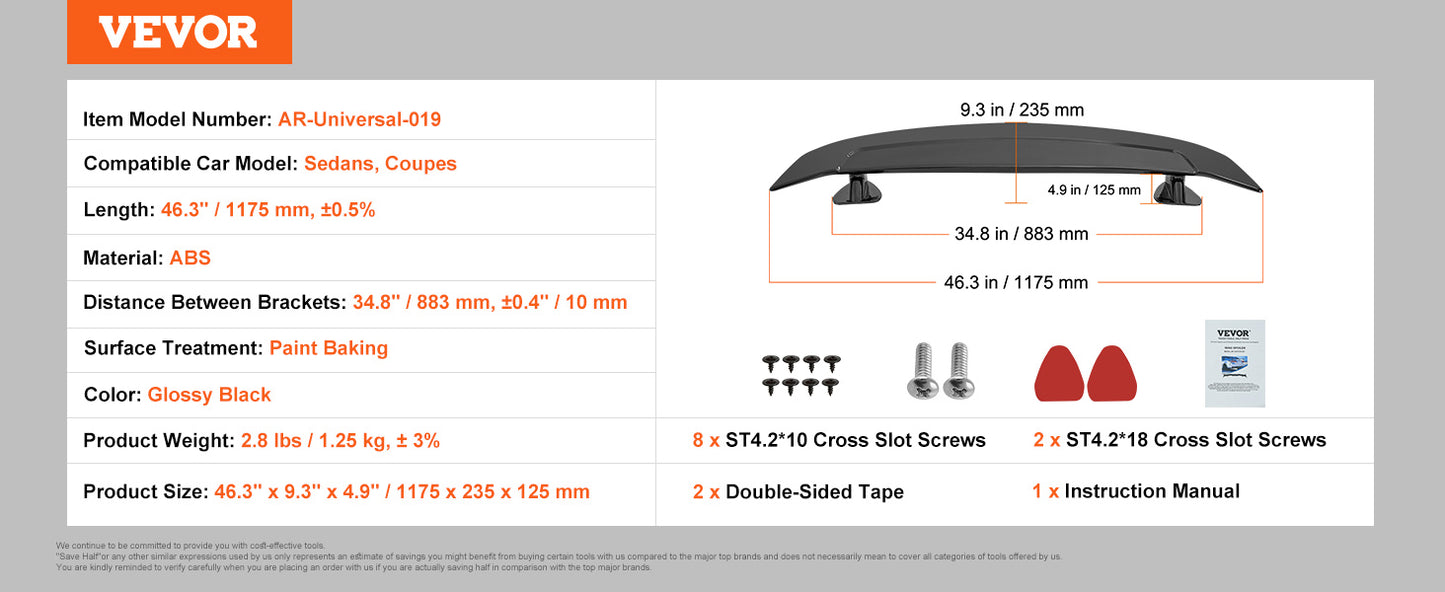 VEVOR GT Wing Car Spoiler 46.3 Universal Spoiler