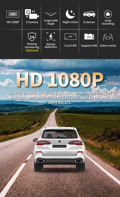 3 Channels Dash Camera For Cars HD 1080P Video
